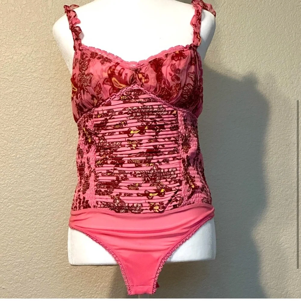 Free People Pink Floral Lace Corset Bodysuit